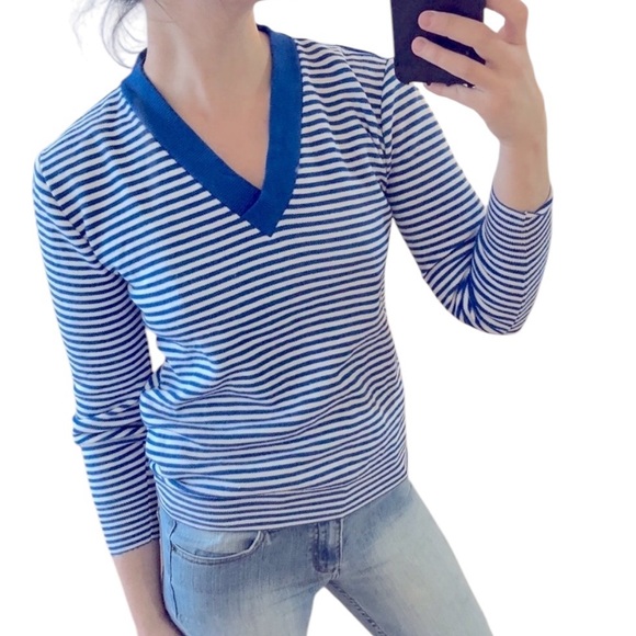 VTG Blue White Stripe V Neck Knit Pullover Sweater Jumper Academia Prep XS S M - Picture 11 of 16